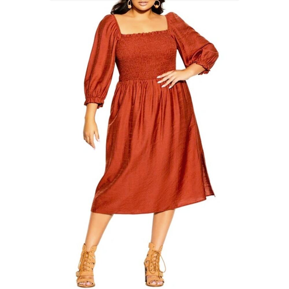 NWT City Chic Smocked Puff Sleeve Fearless Midi Dress in Caramel Size XXS 12